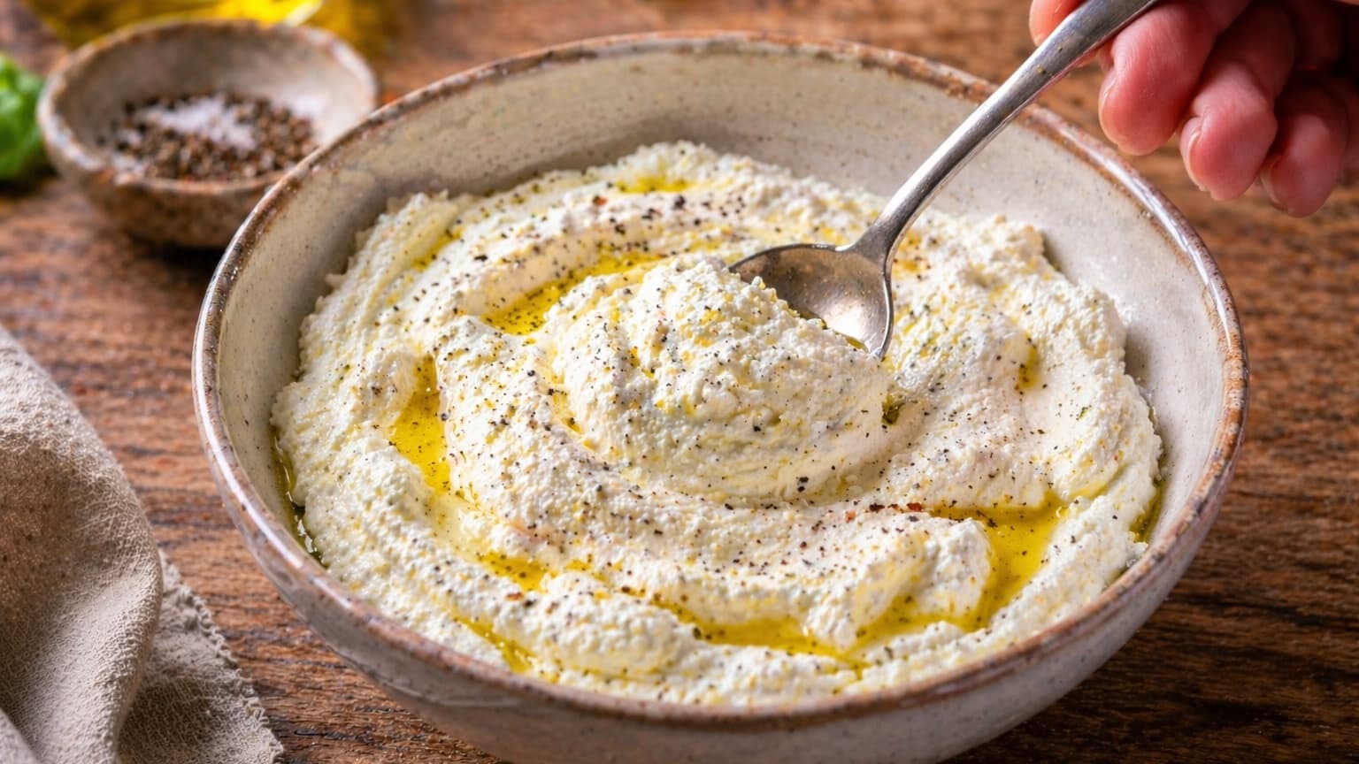 "A small bowl of creamy ricotta being stirred with a spoon. The ricotta has a smooth, fluffy texture with a slight sheen from olive oil. The scene is softly lit with a wooden background.