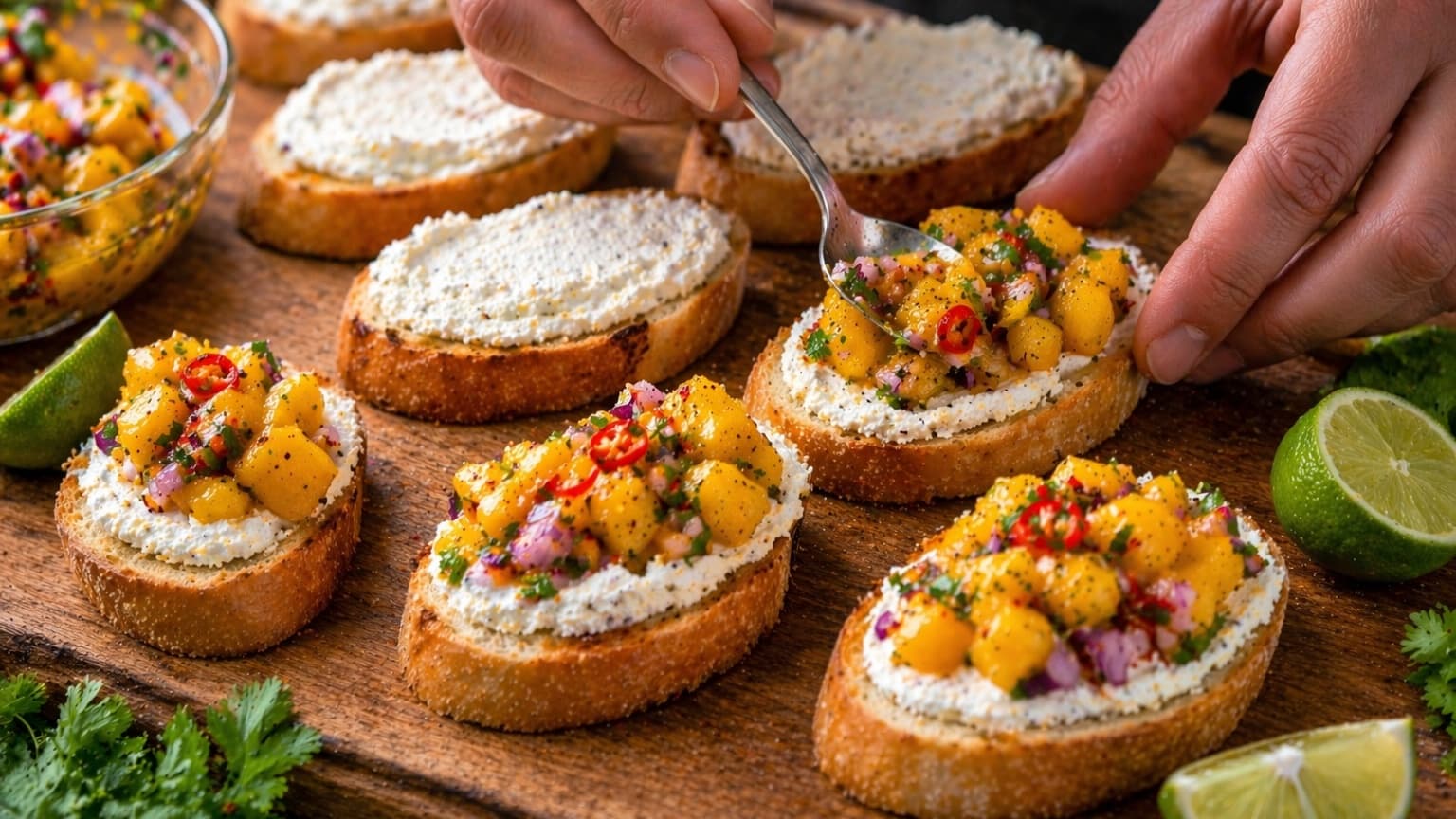 Hands assembling crostini on a wooden board. Each toasted slice is spread with white ricotta and topped with vibrant mango salsa. The colors contrast beautifully, with yellow mango, red onion, and green herbs visible.