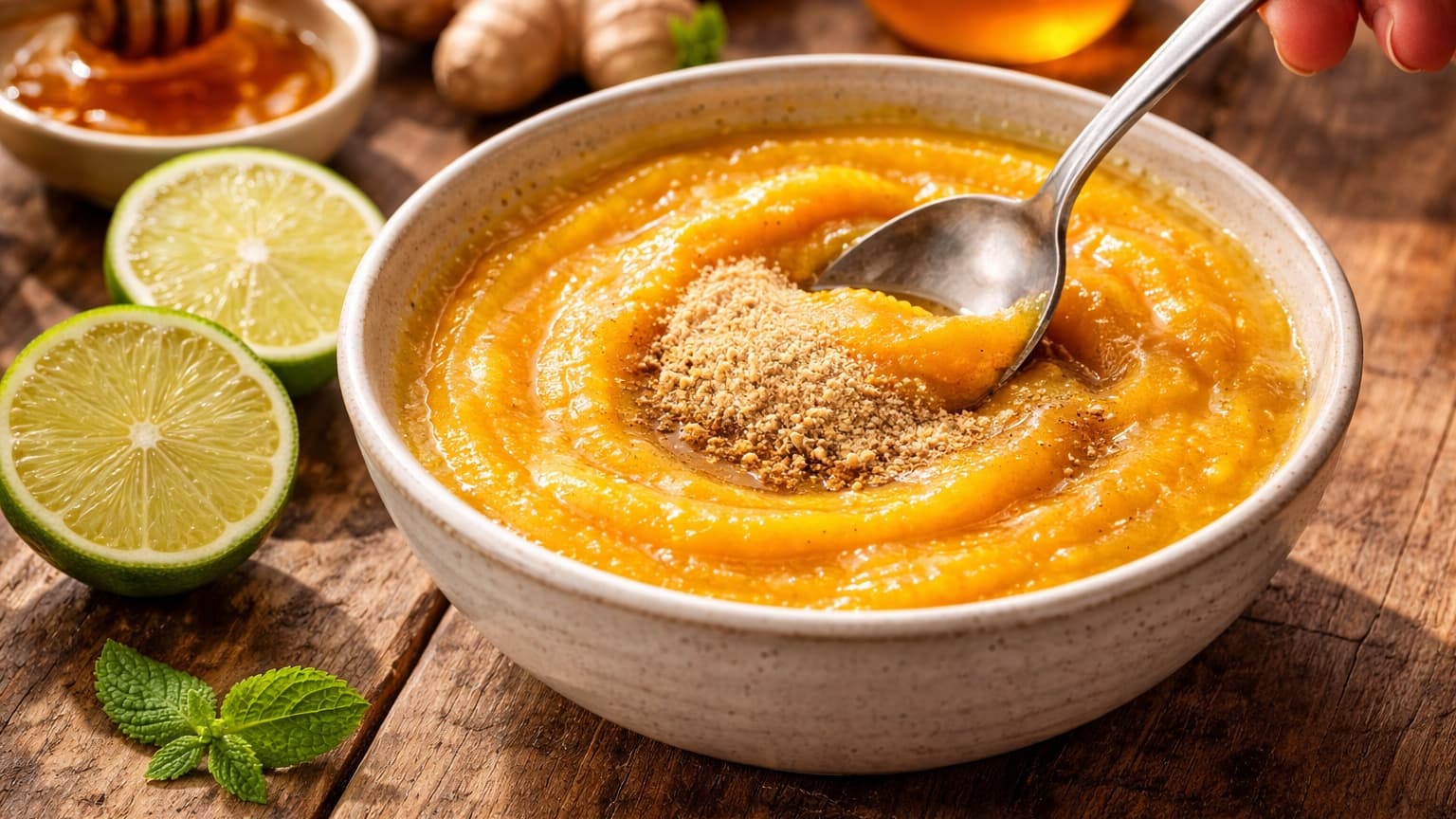 A ceramic bowl filled with thick golden mango puree being stirred with a spoon. Baobab powder is partially mixed in, creating a slightly grainy texture. Fresh lime halves, ginger root, and a drizzle of honey are arranged around the bowl. Bright natural lighting emphasizes the vibrant colors.