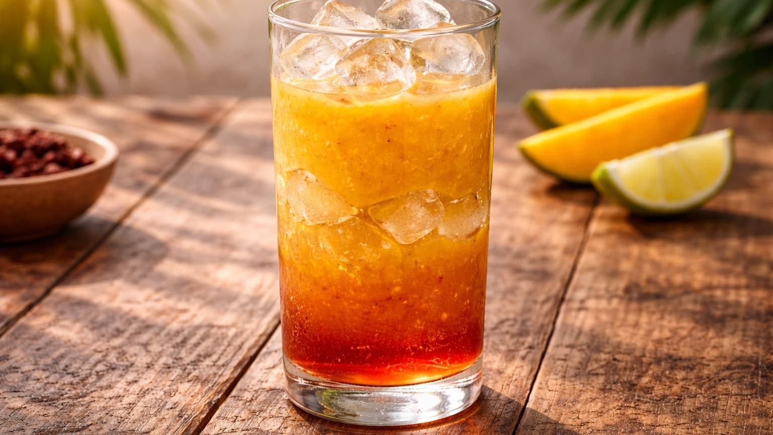 A tall transparent glass filled with ice cubes, halfway filled with a thick golden-orange mango mixture. The texture looks smooth and slightly dense. Light reflects off the ice, creating a refreshing feel. The background is minimal and softly lit.