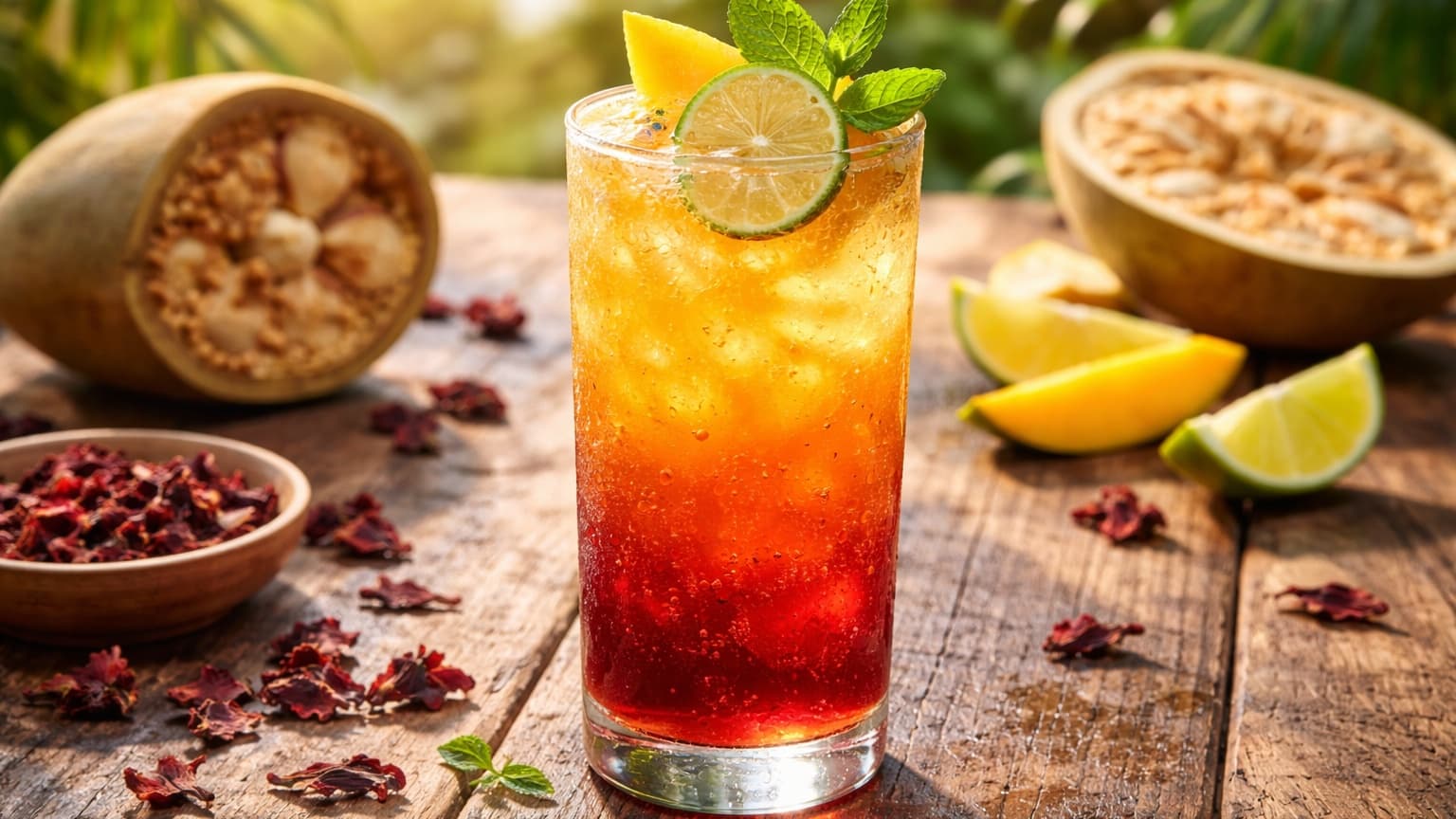 A finished vibrant layered drink in a tall glass with visible bubbles rising. Garnished with a fresh mango slice on the rim and mint leaves on top. The drink glistens with condensation. Set on a rustic wooden table with tropical fruits and soft sunlight creating a refreshing, summery mood.