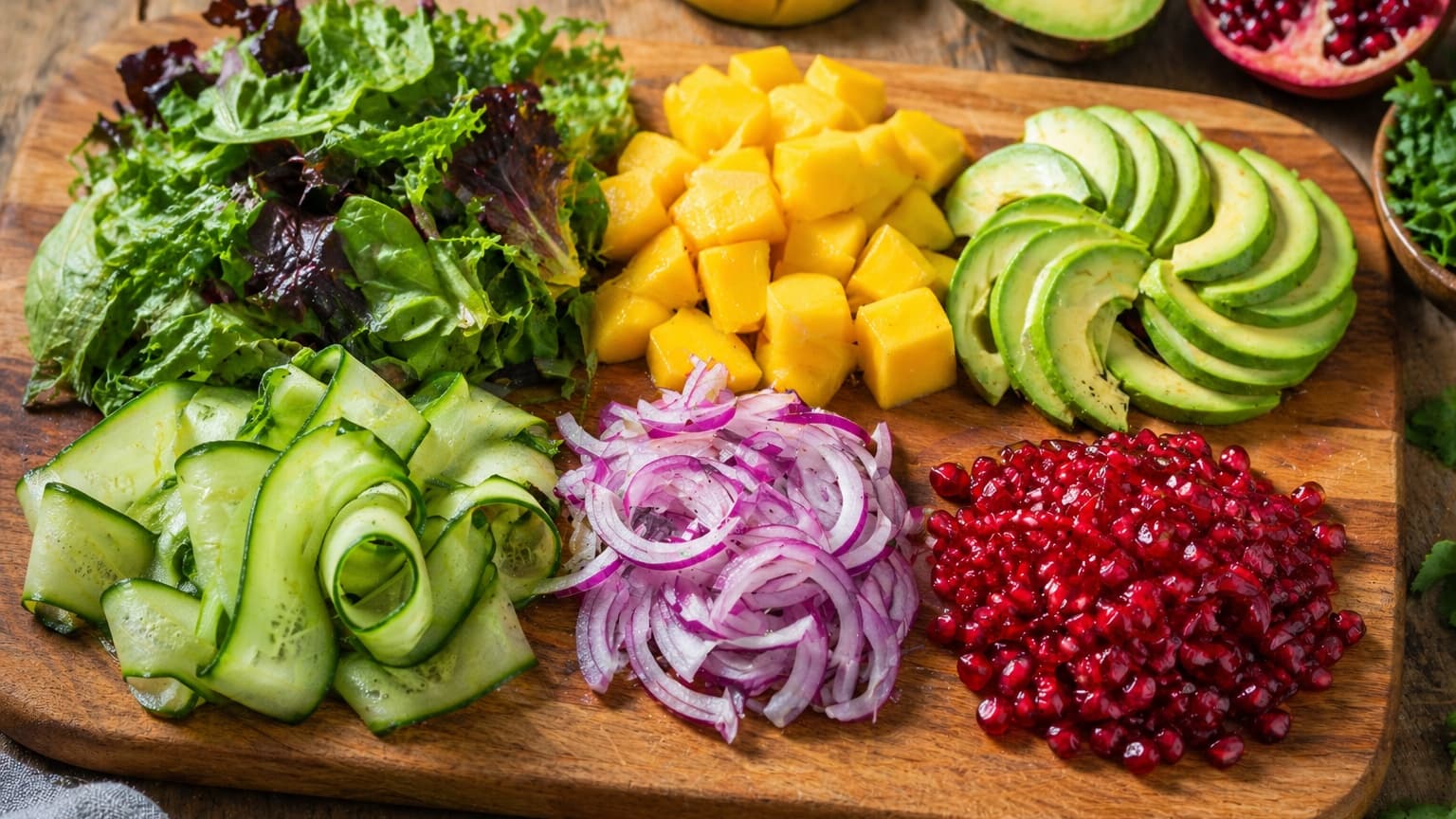 A wooden cutting board covered with neatly prepared fresh ingredients: bright green mixed greens, golden mango cubes, creamy avocado slices, cucumber ribbons, thin purple onion slices, and ruby-red pomegranate seeds in small piles. Soft natural daylight highlights the freshness and vibrant colors.