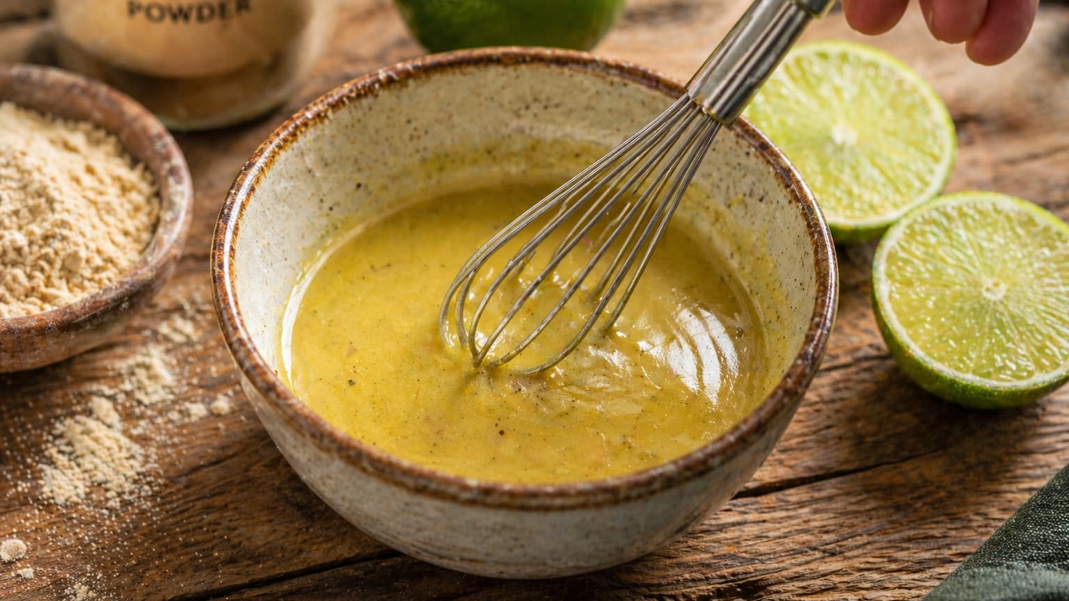 A small ceramic bowl filled with glossy pale golden dressing being whisked with a small metal whisk. Visible baobab powder and lime halves sit nearby on a rustic wooden surface with bright natural light.
