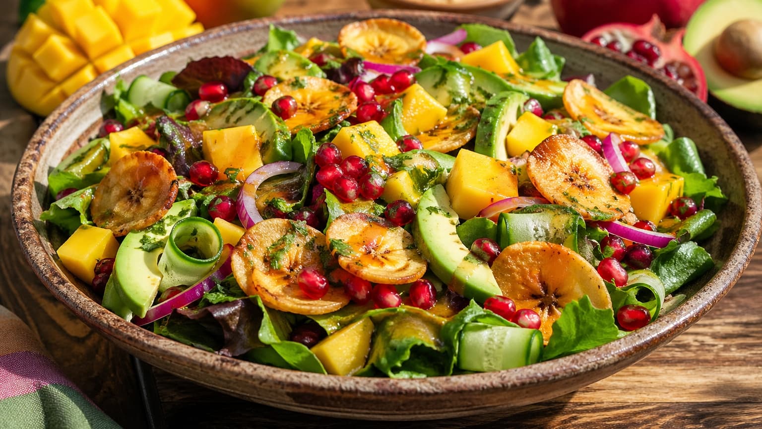 A finished vibrant tropical fusion salad in a rustic ceramic bowl topped with creamy avocado slices, crispy golden plantain chips, ruby-red pomegranate seeds, and fresh green cilantro. The bowl sits on a wooden table in warm glowing sunlight with tropical ingredients in the background.