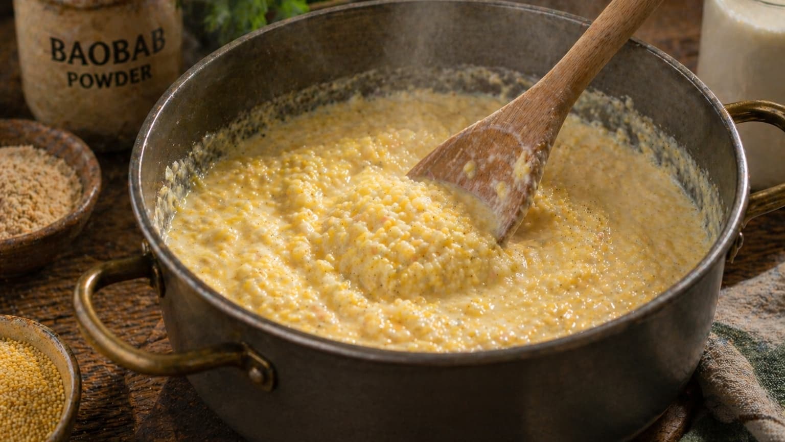 A small cooking pot filled with creamy pale-yellow millet simmering gently with visible steam rising. A wooden spoon stirs the thick mixture under warm kitchen lighting.