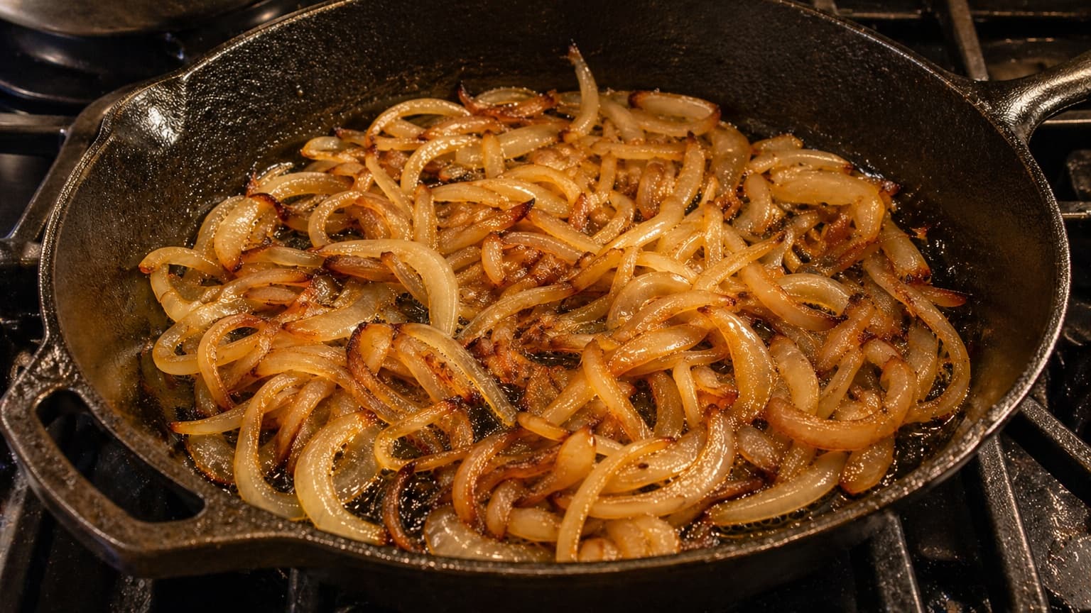 A cast-iron skillet filled with thin onion slices turning golden-brown and glossy as they caramelize in butter and oil. Warm light highlights the rich texture.