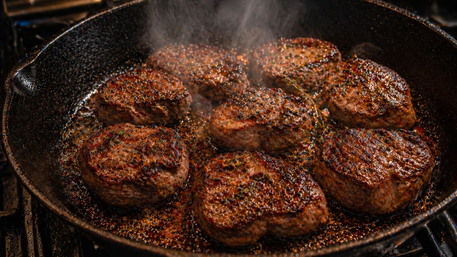 A hot skillet with liver medallions searing, their edges caramelized and browned. Steam rises dramatically while spices coat the surface. The scene is richly lit and realistic.