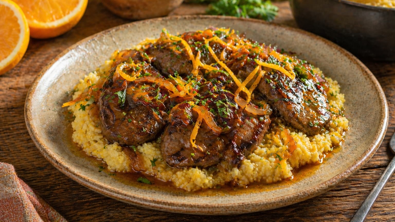 An elegant ceramic plate being assembled with creamy millet, glossy glazed liver medallions, caramelized onions, and bright green herbs sprinkled on top. Warm natural light makes the dish look luxurious and appetizing.