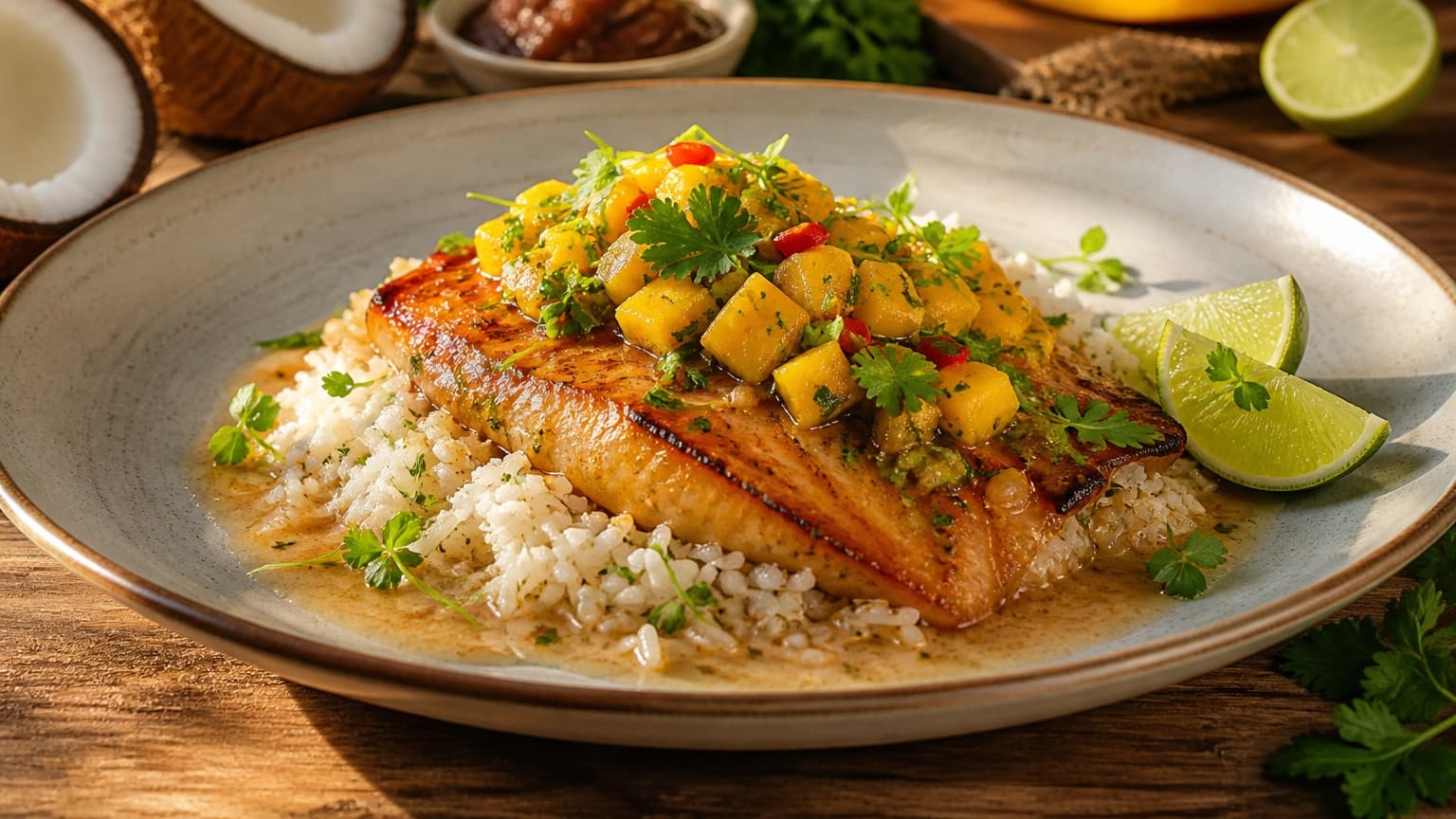 Delicious Coastal Tamarind Coconut Fish with Mango Herb Relish