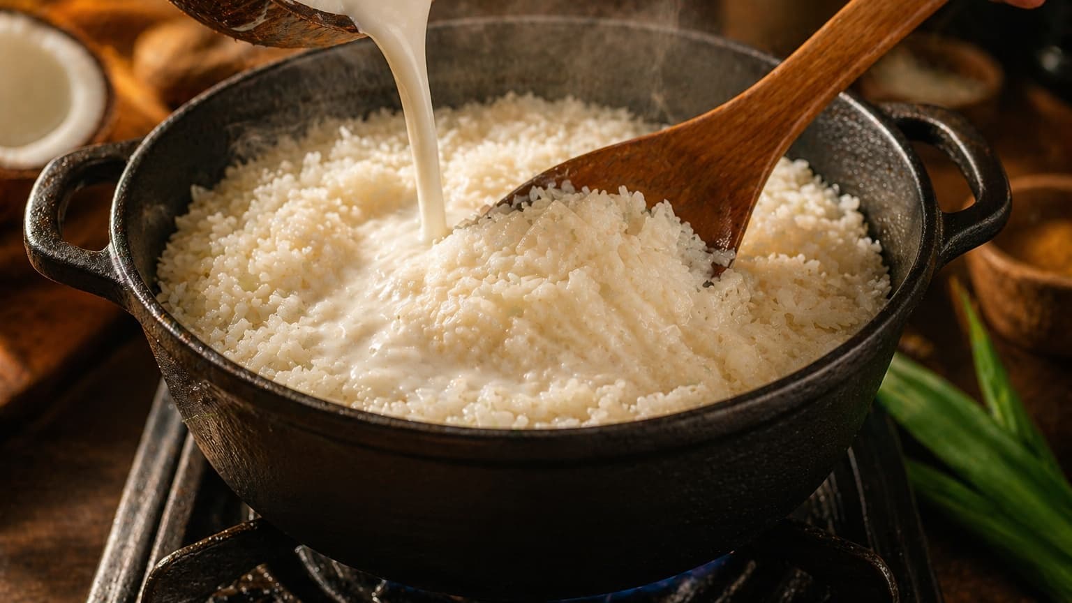 A small pot filled with fluffy white rice being gently stirred with a wooden spoon as creamy coconut milk blends in, creating a glossy texture. Steam rises under warm kitchen lighting.