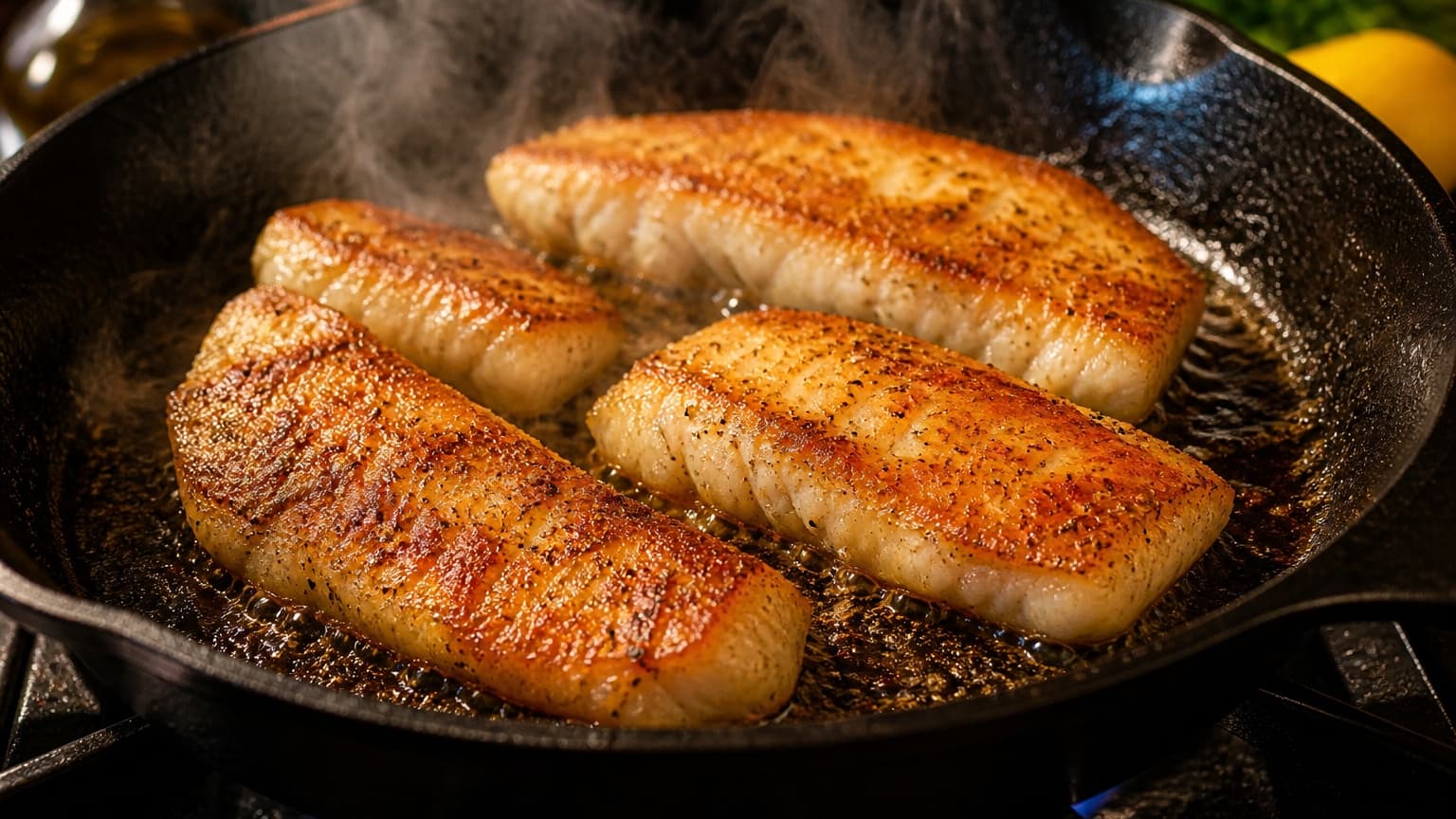 A hot skillet with fish fillets searing, their surface turning golden-brown with crispy edges. Light reflects off the oil, and steam rises dramatically