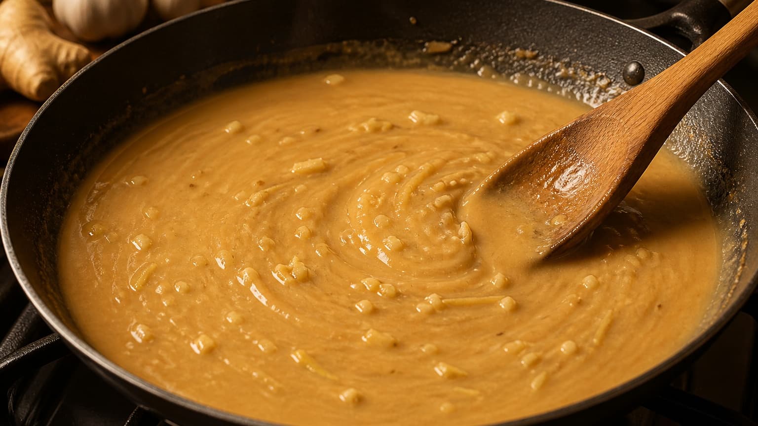 A skillet with a creamy light-brown sauce being stirred, with visible garlic and ginger pieces. The sauce looks smooth and glossy under warm lighting.