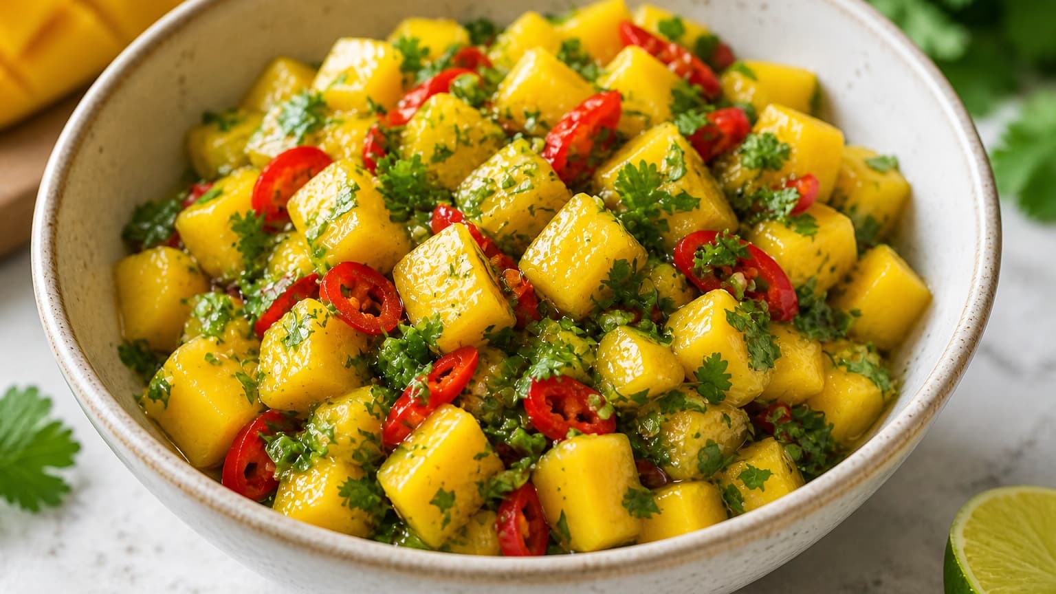 A small bowl filled with bright yellow mango cubes, red chili slices, and chopped green herbs being mixed together. The mixture glistens in natural light.
