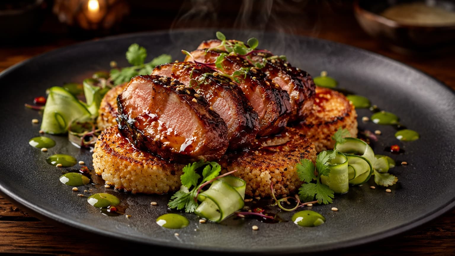 Delicious Smoked Tamarind Pork on Coconut Millet Cakes