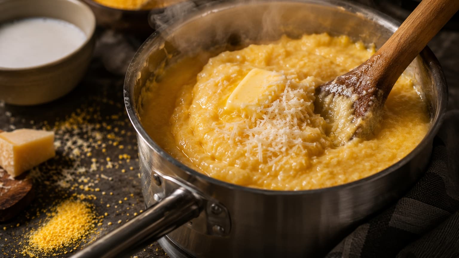 A stainless steel saucepan filled with thick creamy golden polenta being stirred with a wooden spoon. Steam rises dramatically under warm kitchen lighting. Butter melts into the glossy mixture while grated parmesan softens on top. Nearby sits a small bowl of coconut milk and scattered cornmeal on a dark stone countertop. Realistic cooking scene, close-up macro food photography, rich textures, cinematic atmosphere.