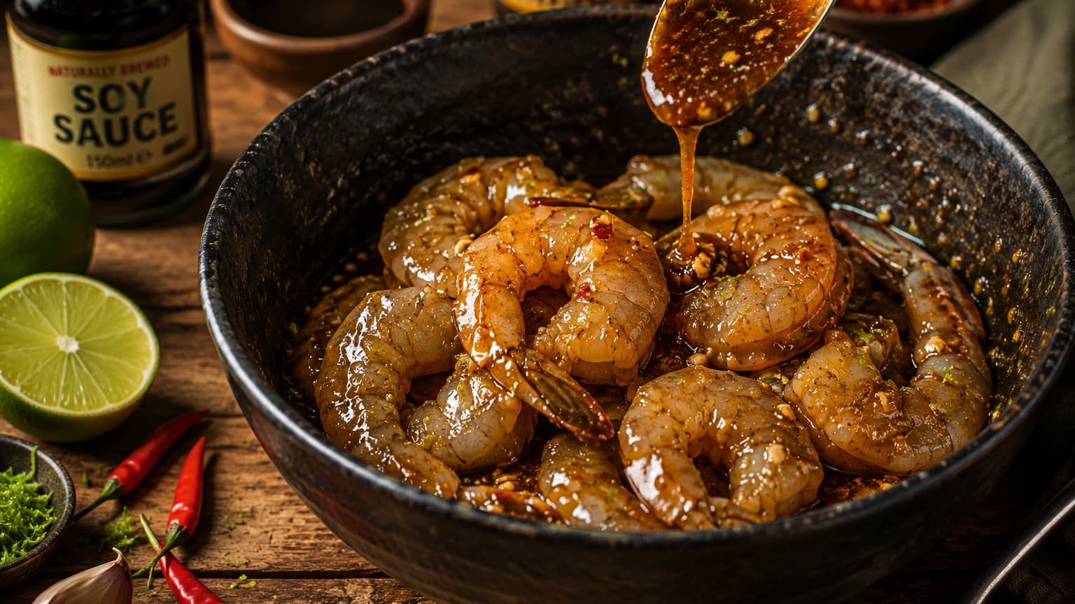 Large raw shrimp coated in a glossy caramel-colored miso glaze inside a dark ceramic bowl. The marinade shines under warm light with visible lime zest, paprika specks, and garlic pieces. A spoon drips thick glaze over the shrimp. Ingredients like soy sauce bottle, lime halves, and chili peppers surround the bowl on a rustic wooden table. Ultra realistic food preparation photography.