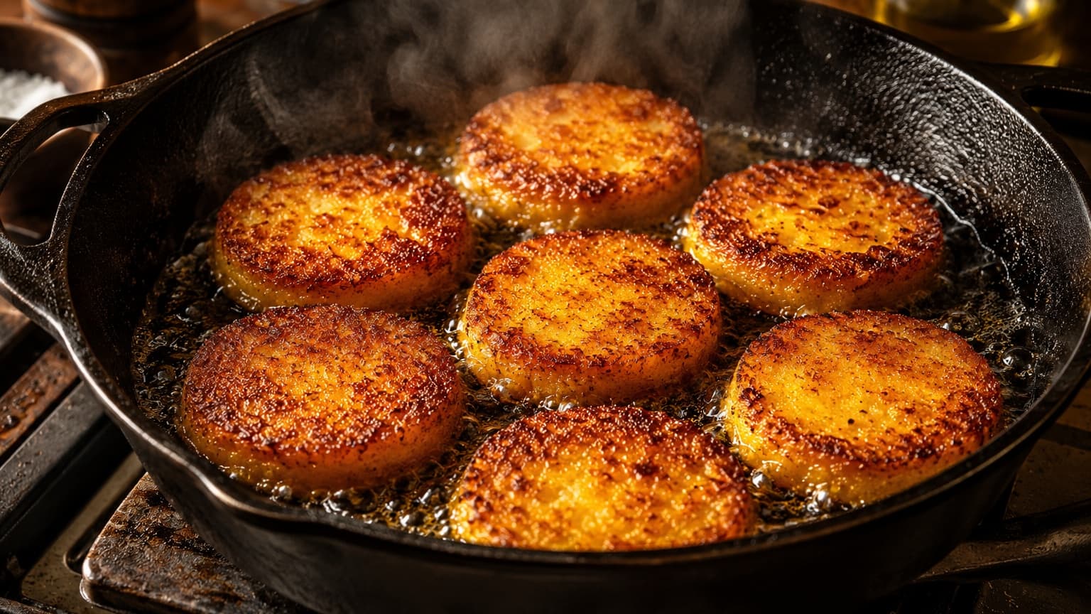 Several round polenta cakes frying in a cast-iron skillet filled with shimmering olive oil. Their surfaces are golden-brown with crispy caramelized edges. Oil crackles around them while steam rises dramatically. Warm directional kitchen lighting highlights the crunchy texture. Rustic stovetop scene with realistic shadows and reflections.