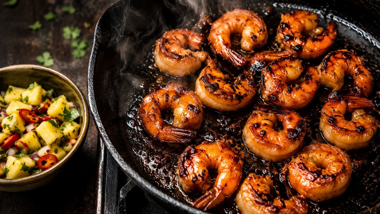 A hot black skillet filled with shrimp searing intensely, their glaze caramelizing into dark glossy spots. Steam and smoke rise dramatically under warm restaurant-style lighting. Beside the skillet sits a vibrant pineapple salsa with yellow pineapple cubes, red chili slices, and fresh green cilantro in a small bowl. Ultra realistic food photography with cinematic contrast.