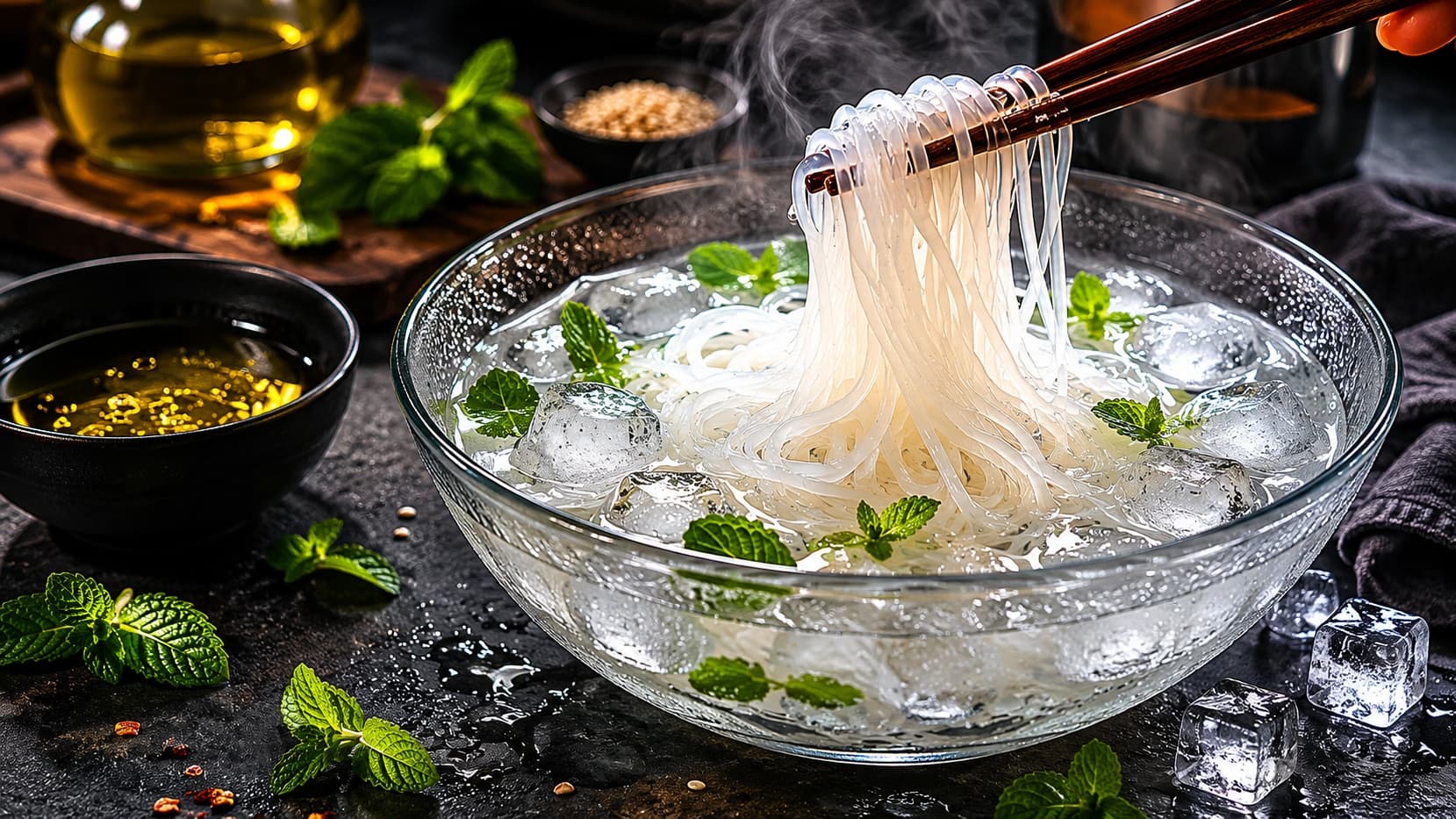 A close-up culinary scene showing translucent thin rice noodles being lifted from a bowl of ice water using dark wooden chopsticks. The noodles appear glossy and chilled with visible ice cubes floating in the water. Nearby sits a matte black bowl with olive oil droplets reflecting warm kitchen light. The countertop is textured dark stone with scattered mint leaves and steam fading in the background.