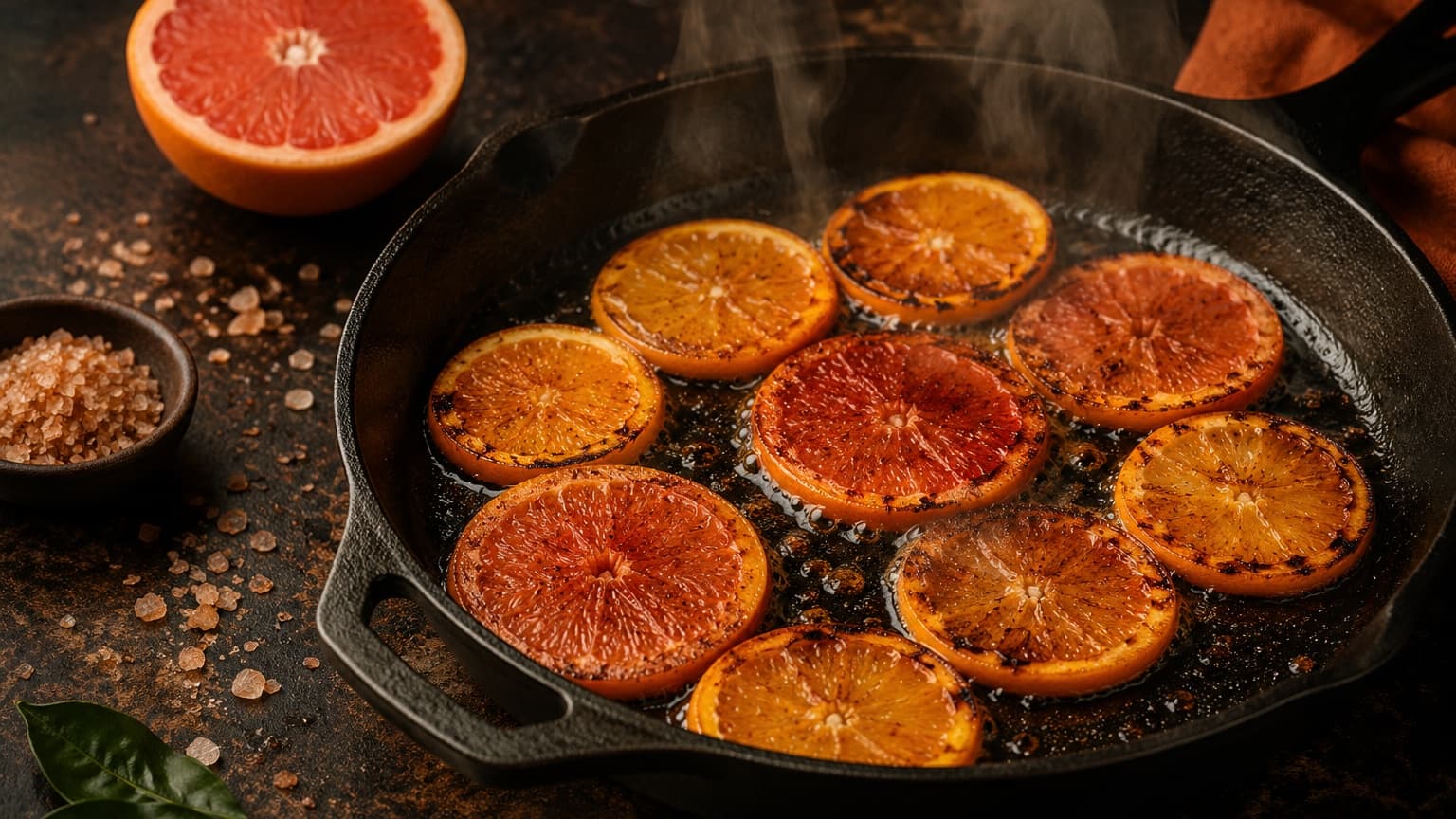 Thin orange and grapefruit slices sizzling lightly on a dark cast iron pan. Some edges are caramelized with subtle char marks while juice glistens under warm amber lighting. Citrus steam rises softly. Nearby are scattered smoked sea salt flakes and a halved grapefruit on a dark rustic countertop.