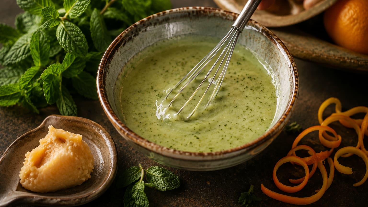 A small ceramic bowl filled with pale green mint-miso dressing being whisked with a tiny metal whisk. The dressing has a silky glossy texture with visible mint flecks. Surrounding the bowl are fresh mint sprigs, a spoon of white miso paste, citrus peel curls, and soft warm lighting creating elegant reflections on the ceramic surface.