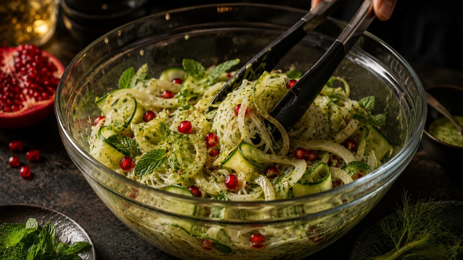 An elegant glass mixing bowl filled with chilled translucent noodles, pale fennel ribbons, cucumber spirals, ruby pomegranate seeds, and glossy mint dressing. A pair of matte black serving tongs gently tosses the salad. Bright jewel-like colors contrast against the dark moody kitchen background illuminated by cinematic side lighting.