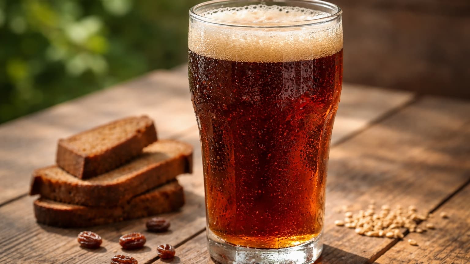 A refreshing glass bottle and a tall clear glass filled with dark amber Ukrainian kvas, lightly sparkling with small bubbles rising to the surface. The drink is served chilled, with a few rye bread slices and scattered raisins placed nearby to hint at the ingredients. The glass shows gentle condensation, emphasizing freshness. The scene is set on a rustic wooden table with soft natural daylight, evoking a traditional Eastern European summer atmosphere.