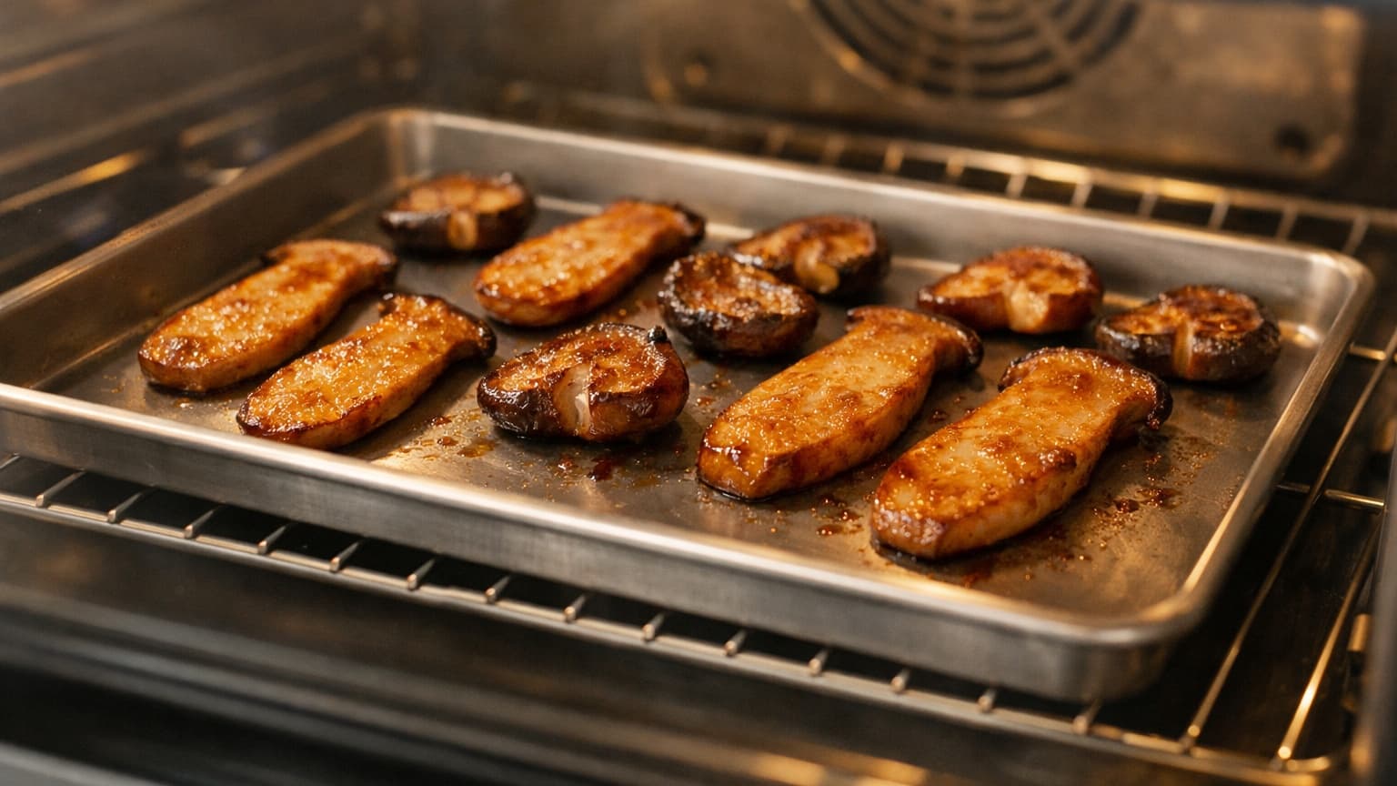 Minimalist food photograph shot from a 45-degree angle, viewed from outside an oven through a clean transparent glass oven door. Inside the oven, a plain metal baking tray sits on the center rack. Mushroom pieces are arranged in a single layer with spacing between each piece. King oyster slices maintain their long oval shape, and shiitake halves remain intact. The mushrooms are deep golden-brown with caramelized edges and a matte-gloss finish where the miso glaze has absorbed completely. Warm oven light illuminates the tray, neutral tones, shallow depth of field focused on the mushrooms