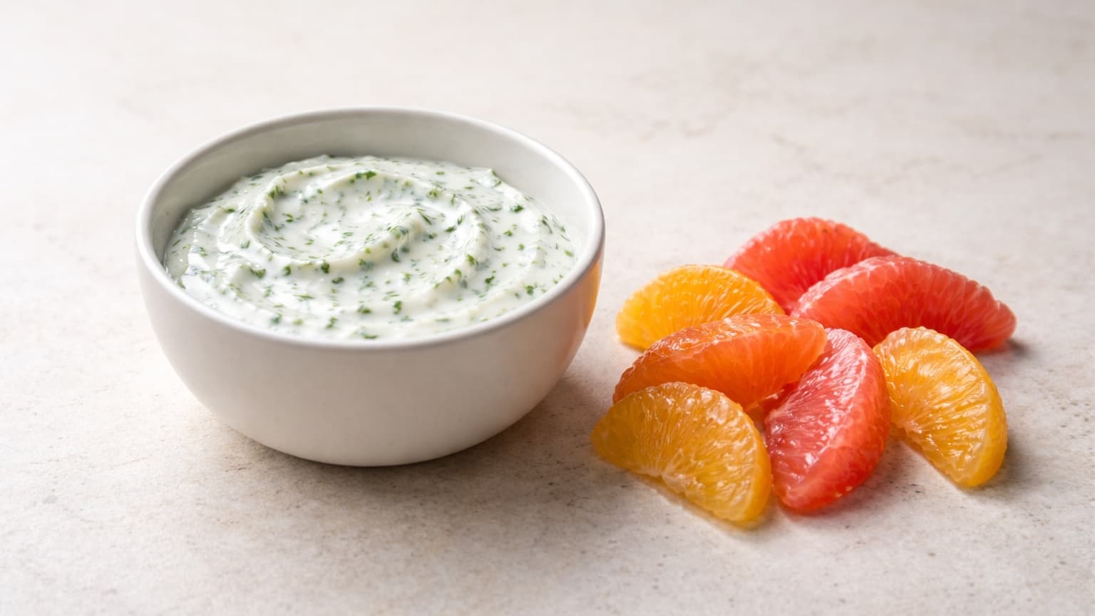 Minimalist food photograph shot from a 45-degree angle. On a light neutral stone surface, a small matte white ceramic bowl contains thick Greek yogurt mixed to a smooth, glossy consistency with finely chopped green herbs evenly distributed throughout. Nearby, a small cluster of citrus segments—orange and pink grapefruit—are neatly arranged, peeled cleanly with no pith and cut into uniform bite-sized wedges. Soft diffused daylight from the left, neutral tones, shallow depth of field