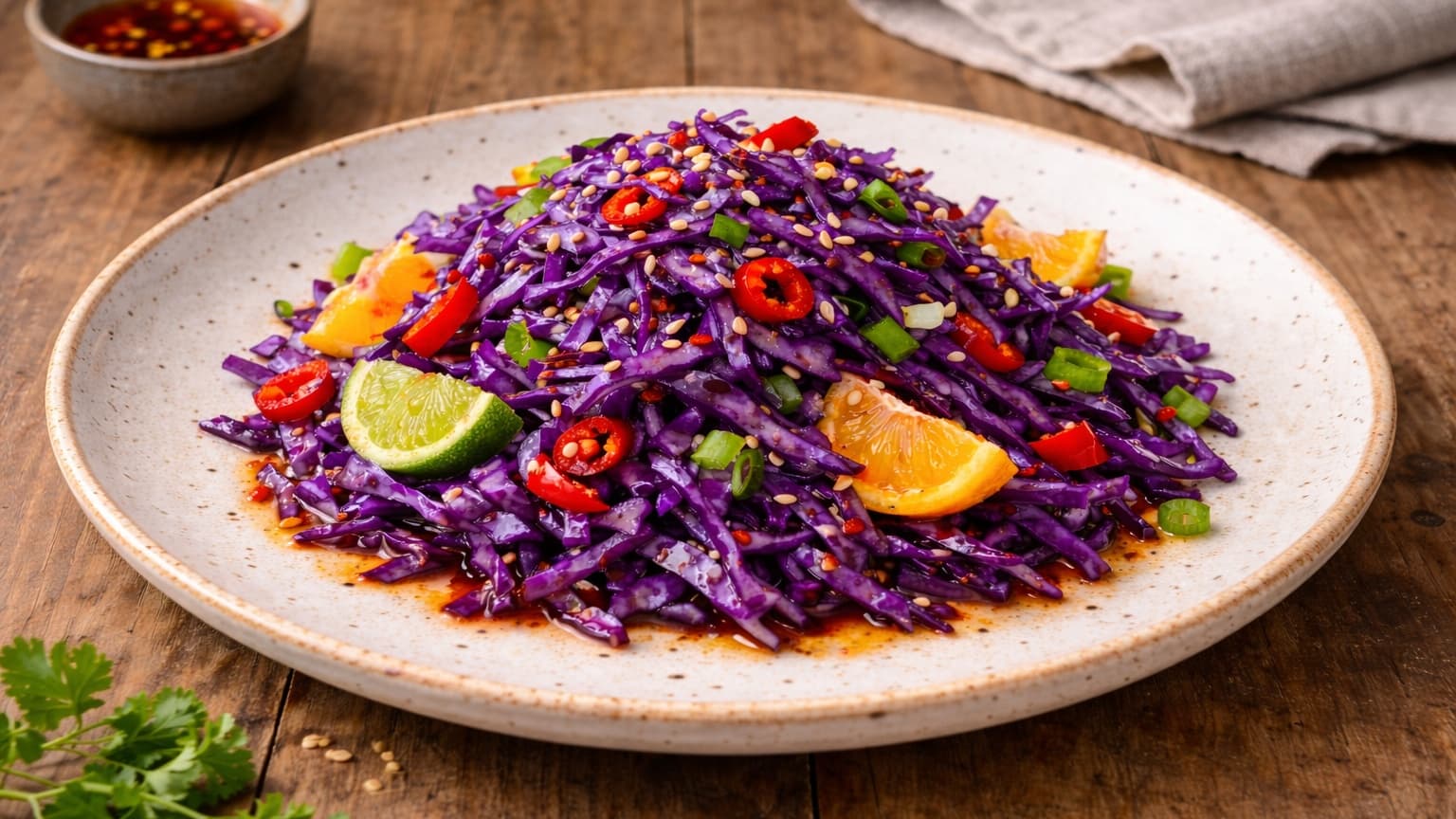 Delicious Spicy Blue Cabbage Citrus Crunch with Chili-Lime Oil
