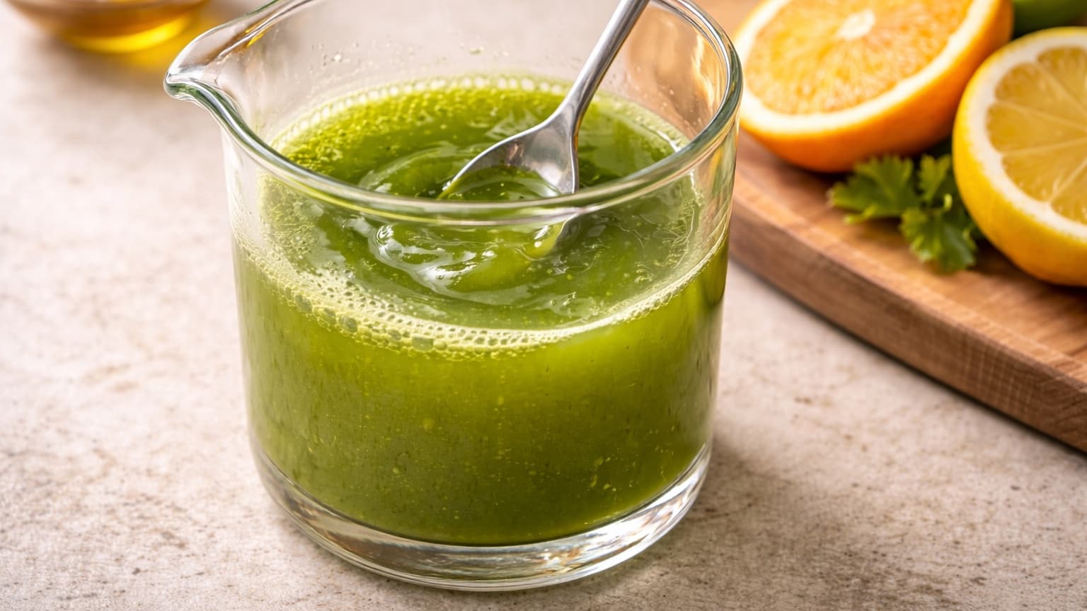 Natural food photograph shot from above at a slight angle. A clear glass mixing jug contains a bright green liquid being stirred with a spoon. Nearby are freshly cut orange halves and a lemon wedge on a wooden cutting board. The liquid appears glossy and well mixed, with no separation. Soft daylight, clean and realistic styling.