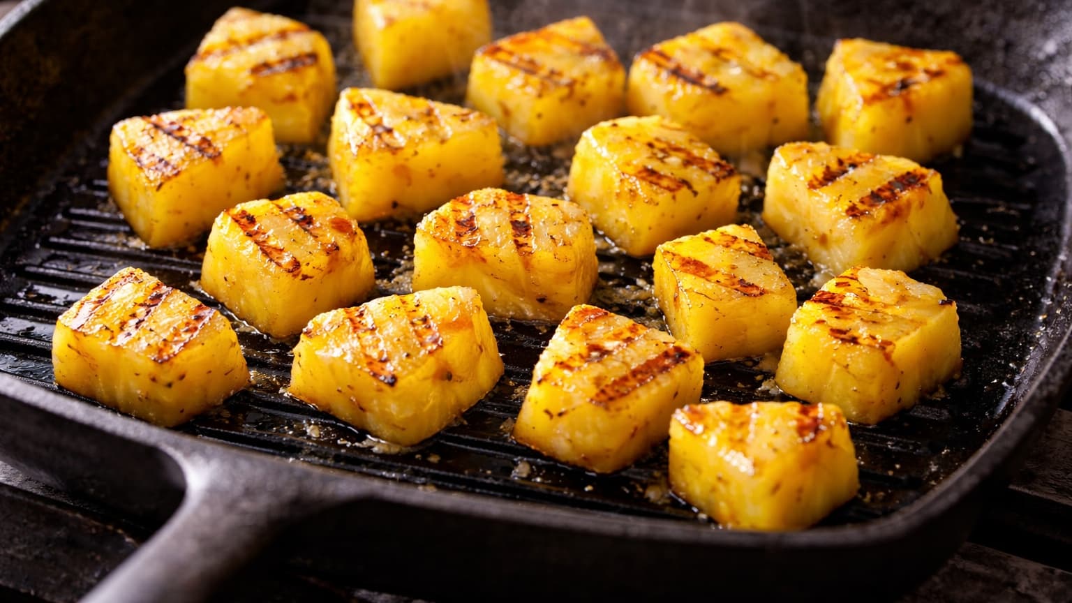 Close-up food photograph from a 45-degree angle of a black cast iron grill pan on a stovetop. Bright yellow pineapple chunks with defined grill marks are caramelizing. Light steam rises gently. The pineapple edges are slightly browned and glossy. Background is softly blurred kitchen setting with warm natural daylight.