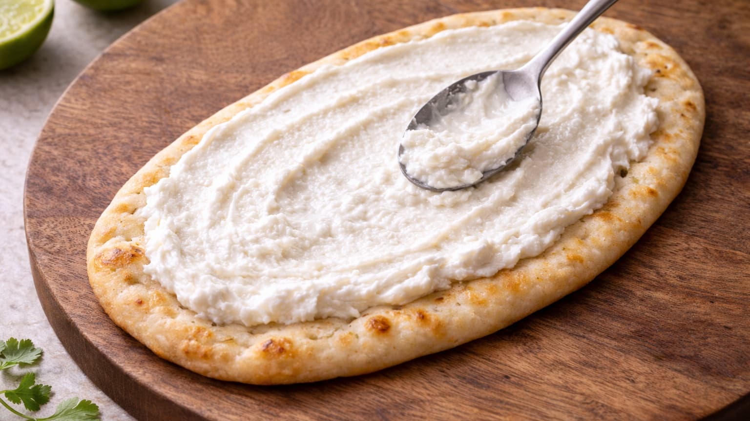 Overhead food photograph of a warm oval flatbread on a wooden board. A spoon spreads creamy white coconut feta smoothly across the surface. The texture looks airy and slightly fluffy. Natural daylight highlights the creamy texture.