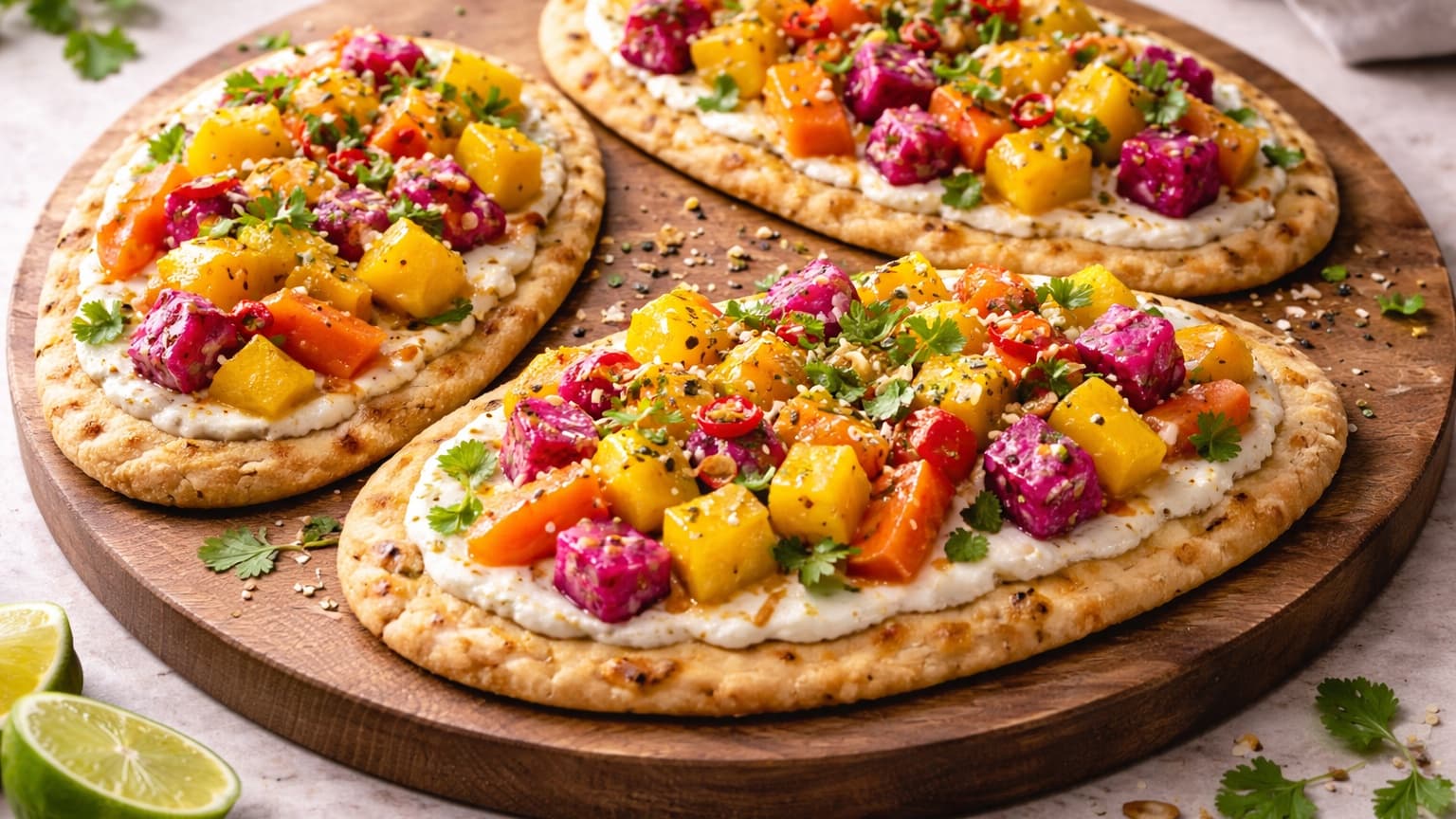 Close-up angled food photograph of the fully assembled flatbread. A thin stream of glossy amber glaze drizzles over the colorful fruit. Toasted coconut flakes and finely chopped green herbs are scattered on top. The glaze glistens under natural light, creating vibrant contrast.