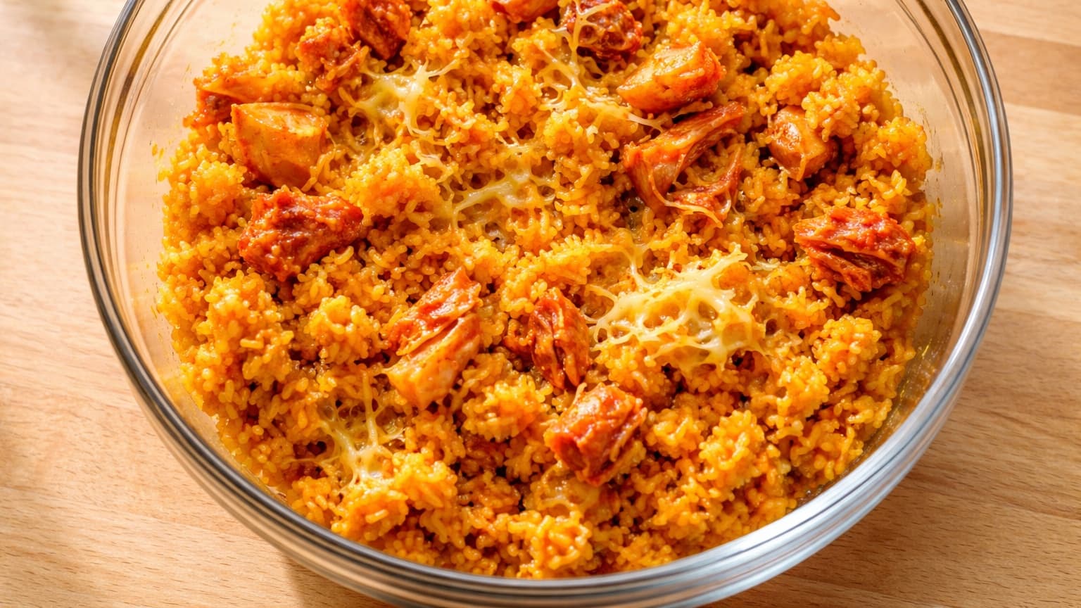 Overhead close-up of a glass mixing bowl filled with bright yellow saffron rice mixed with small red kimchi pieces and visible melted cheese strands. The mixture looks slightly sticky but firm. The bowl sits on a light wooden countertop under soft natural daylight.