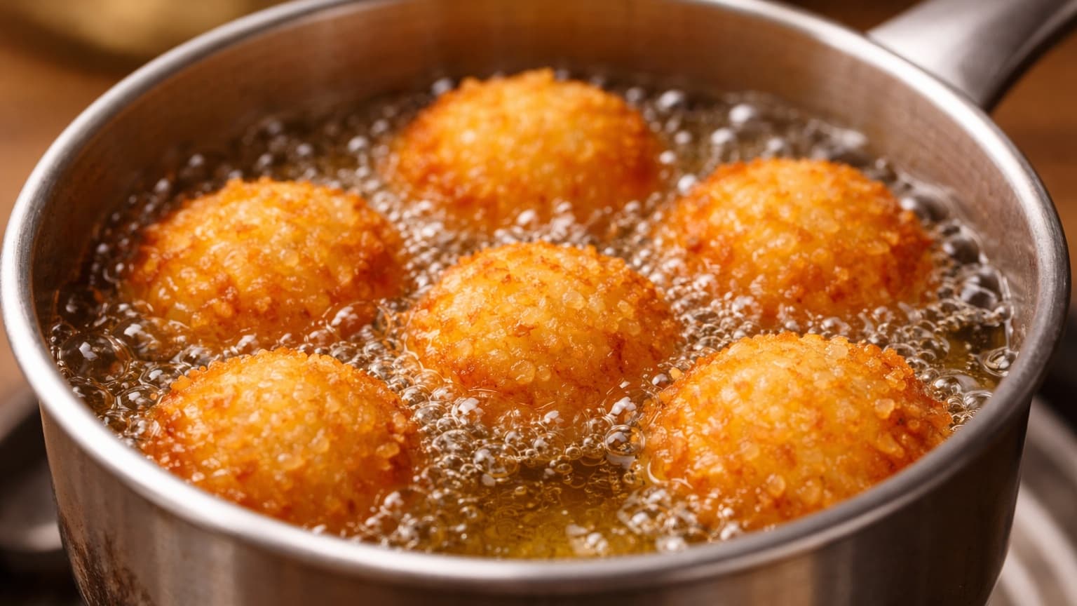 Close-up of golden rice bites frying in a small pot of oil. The surface is bubbling gently around the bites. The exterior looks evenly crisp and deep golden. Warm kitchen lighting and soft background blur.