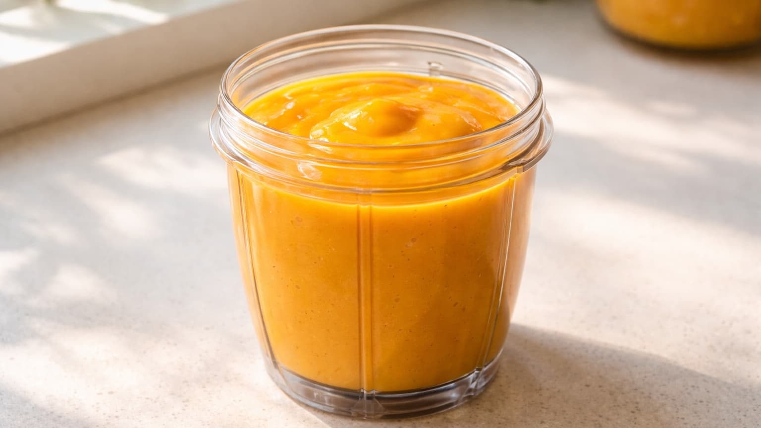 Small blender cup filled with vibrant orange mango sauce being blended smooth. The sauce looks glossy and thick but pourable. The blender sits on a light kitchen counter with natural daylight.