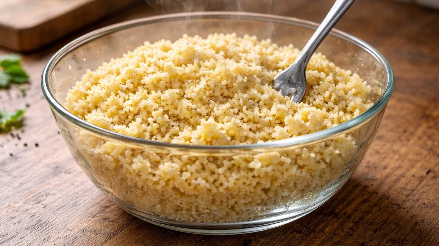 A medium glass bowl filled with fluffy steamed bulgur grains, light golden in color, sitting on a wooden kitchen countertop. Steam gently rising from the grains. A metal fork resting inside the bowl, separating the grains. Soft natural daylight from a nearby window illuminates the texture of each grain. Neutral kitchen background slightly blurred.