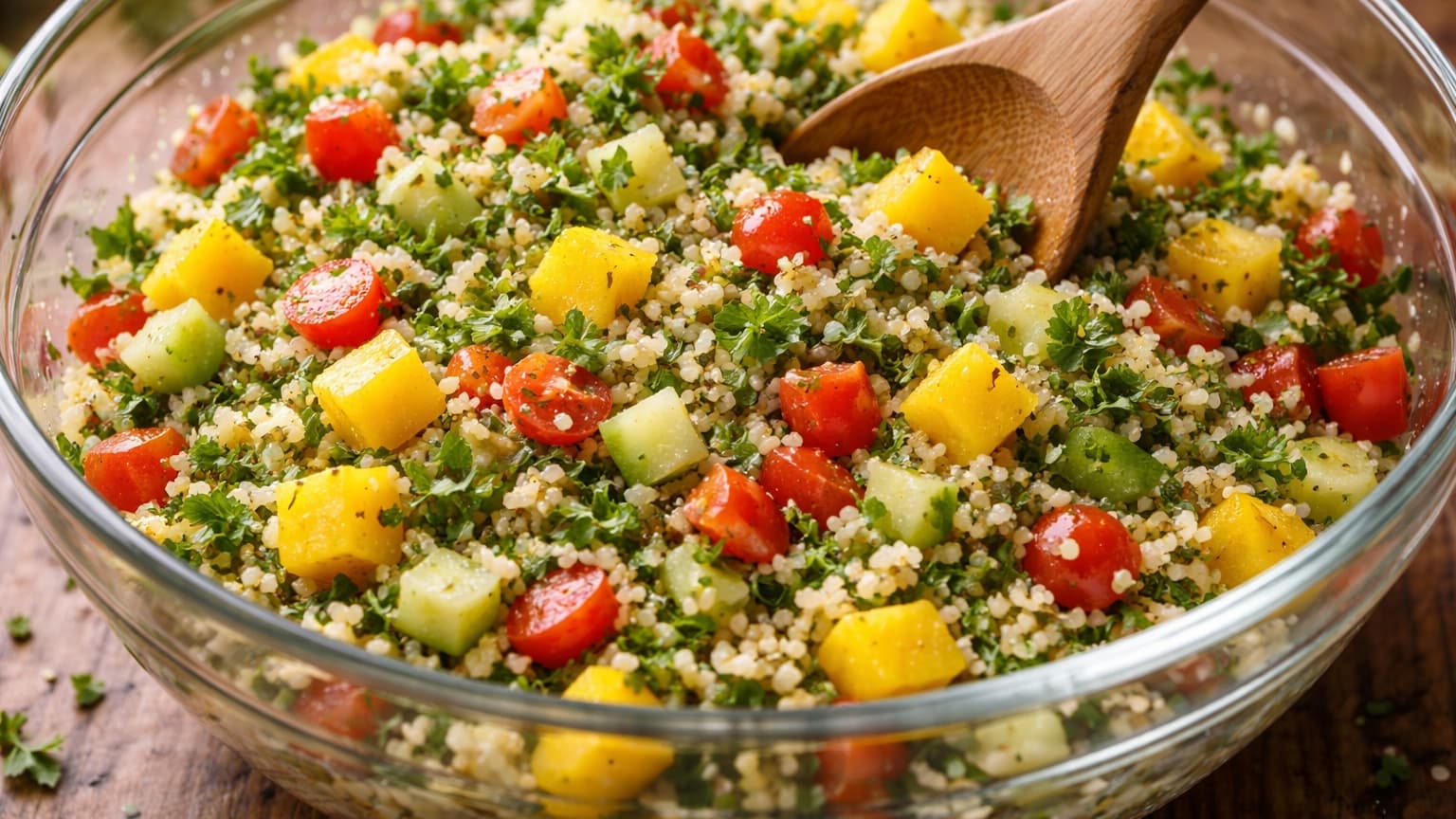 A large mixing bowl filled with bulgur, bright yellow mango cubes, red chopped tomatoes, pale green cucumber pieces, and finely chopped green herbs. A wooden spoon is gently folding the mixture. The ingredients look fresh and vibrant under soft kitchen lighting. Close-up view focusing on color contrast and texture.