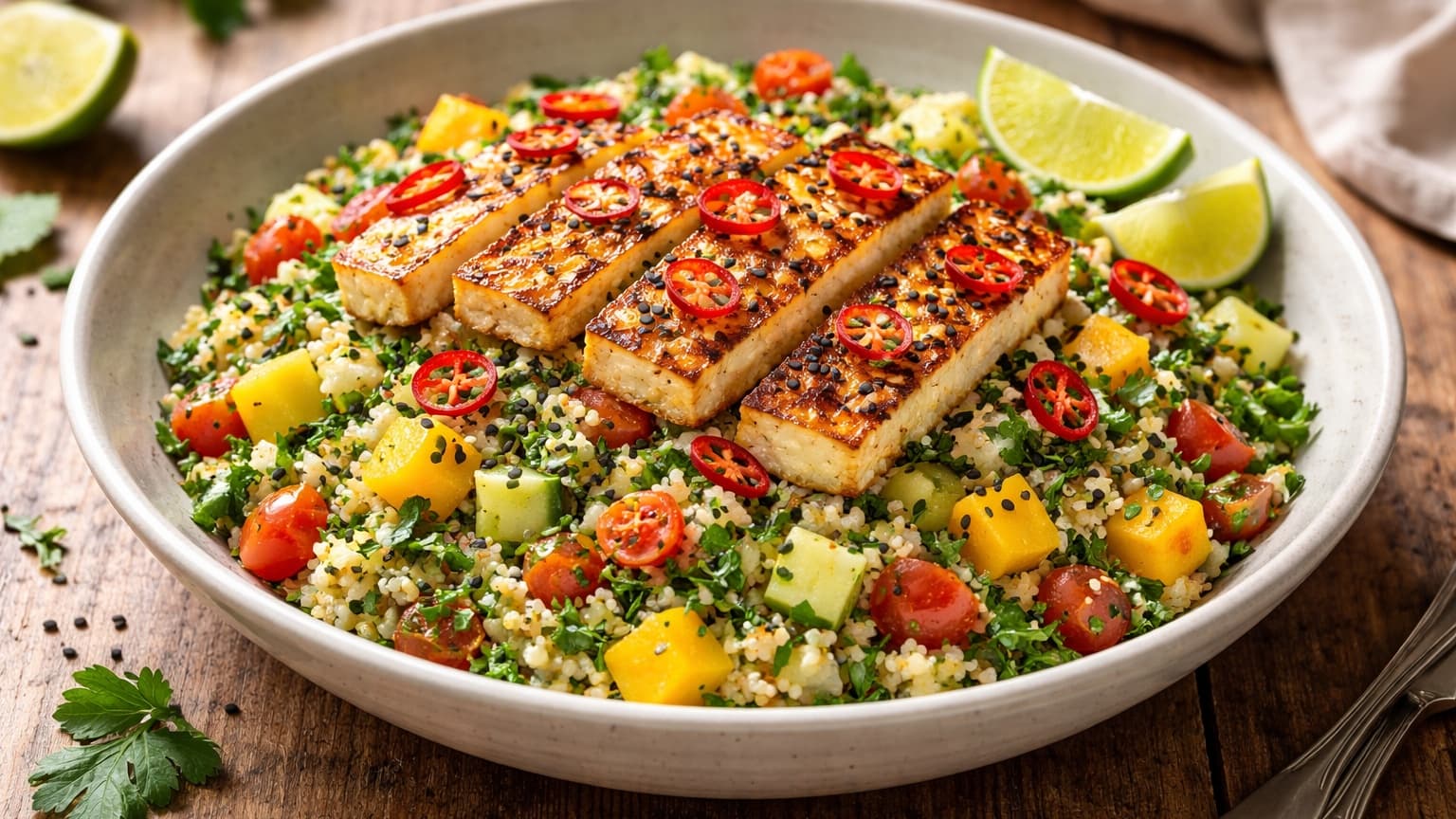 Close-up of the finished salad in a shallow ceramic bowl. Thin red chili rings scattered on top, tiny black sesame seeds sprinkled evenly. Freshly cracked black pepper visible on halloumi slices. A hand squeezing a lime wedge over the salad, droplets visible mid-air. Soft natural side lighting and rustic wooden table background.