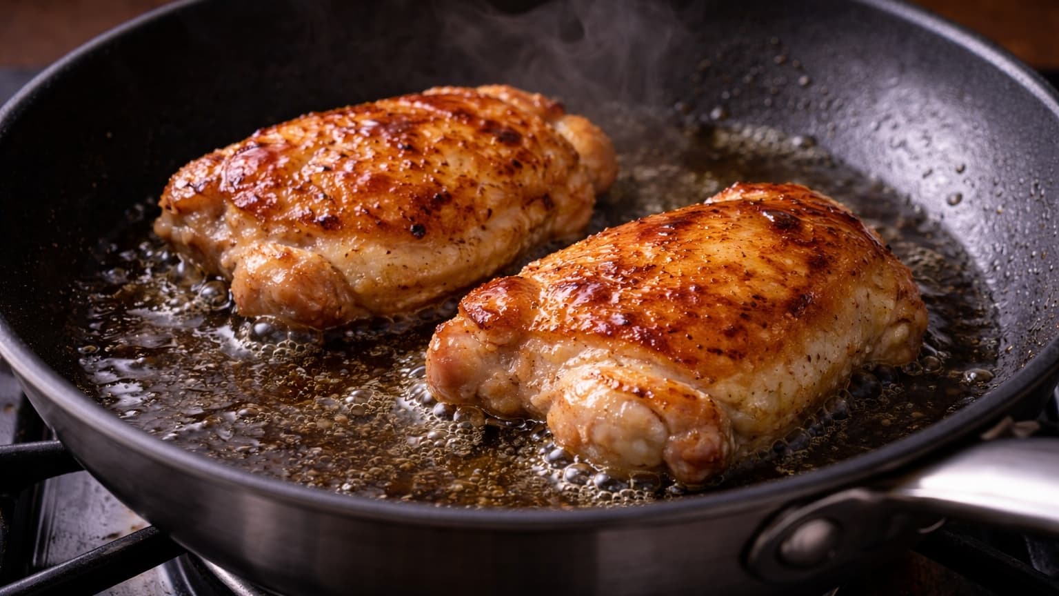 A black nonstick skillet on a stovetop with two chicken thighs sizzling in hot oil. The chicken has golden brown seared surfaces with slightly crisp edges. Small bubbles form around the meat as it cooks. Steam rises gently while warm kitchen lighting highlights the caramelized texture of the chicken skinless surface.