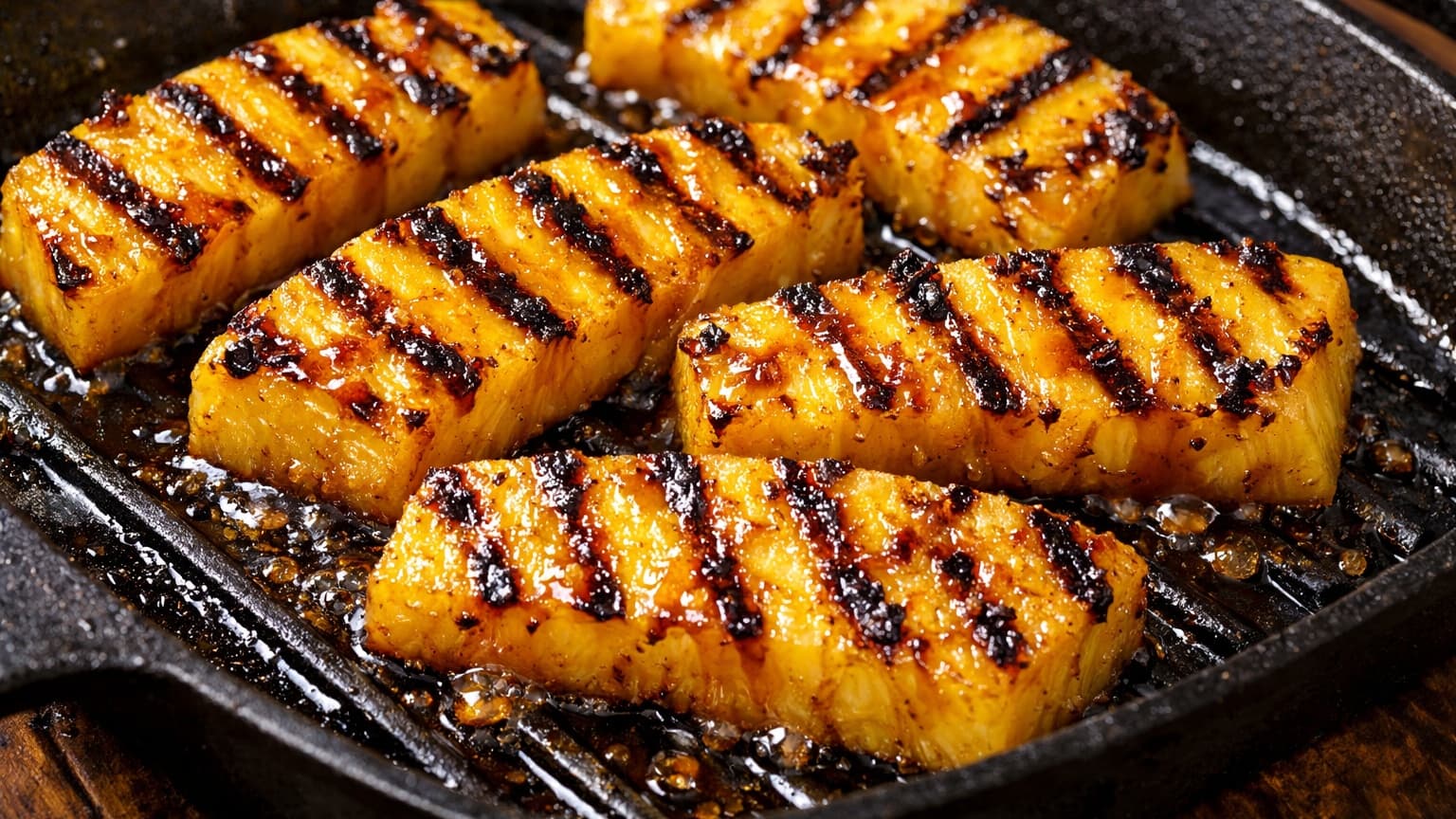 A cast iron grill pan with pineapple wedges cooking and caramelizing. The pineapple pieces are bright golden yellow with dark brown grill marks and slightly charred edges. The surface glistens with melted brown sugar creating a glossy caramelized coating. Soft kitchen lighting highlights the vibrant tropical color.
