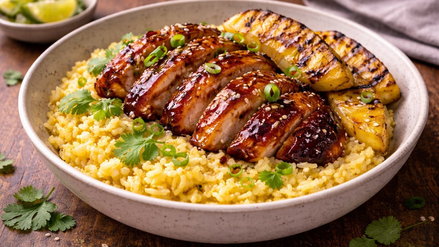 A serving bowl filled with fluffy saffron coconut rice with separate golden grains. On top are slices of glossy miso honey glazed chicken arranged neatly beside caramelized pineapple wedges with grill marks. The dish is garnished with green onions, sesame seeds, and cilantro leaves. Warm natural lighting highlights the textures and vibrant colors of the meal.
