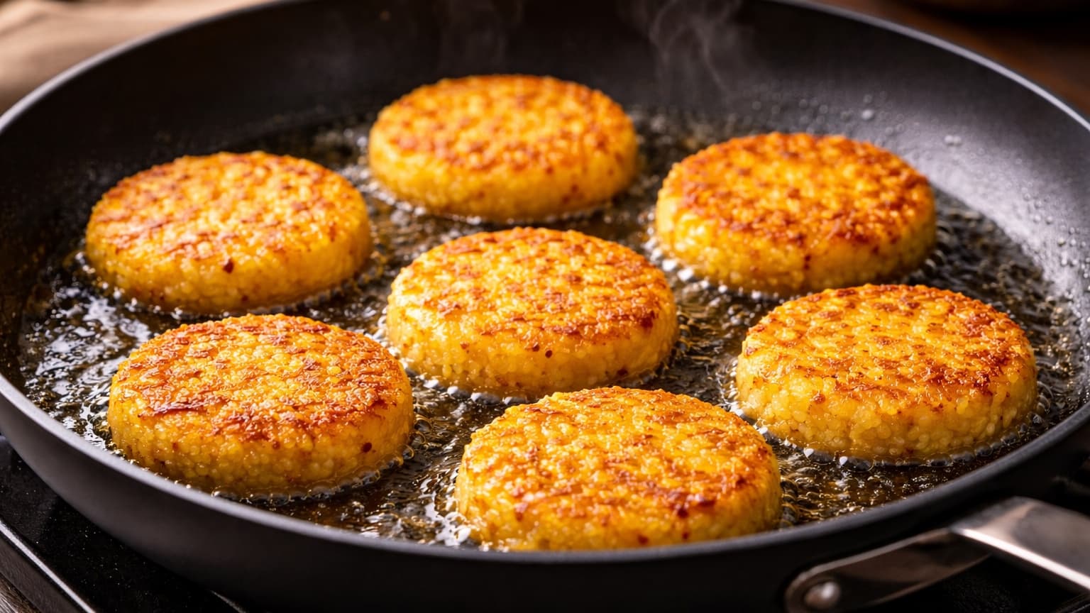A black nonstick skillet on a stovetop with several small round saffron rice patties frying in oil. The patties are golden yellow with crispy browned edges and about 6 cm wide. Tiny bubbles form around the patties as they fry. Steam rises gently while warm kitchen lighting highlights the crunchy texture.