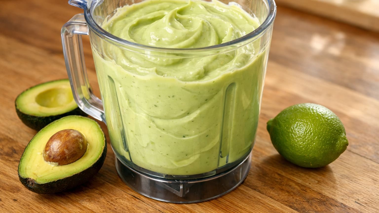 A blender container filled with pale green avocado cream mixture. Fresh avocado halves and a lime sit nearby on a wooden countertop. The mixture inside looks thick, creamy, and smooth. Bright natural kitchen lighting highlights the vibrant green color.