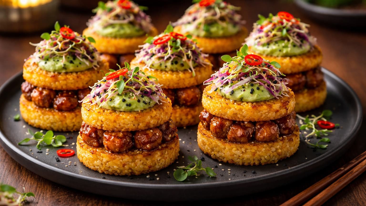 A finished platter of multiple saffron rice chicken towers arranged neatly on a matte black serving plate. Each tower has crispy golden rice layers, glossy miso chicken, avocado cream on top, shredded sesame cabbage slaw, microgreens, black sesame seeds, and thin red chili slices. The presentation is elegant with warm restaurant lighting and a dark wooden table background.