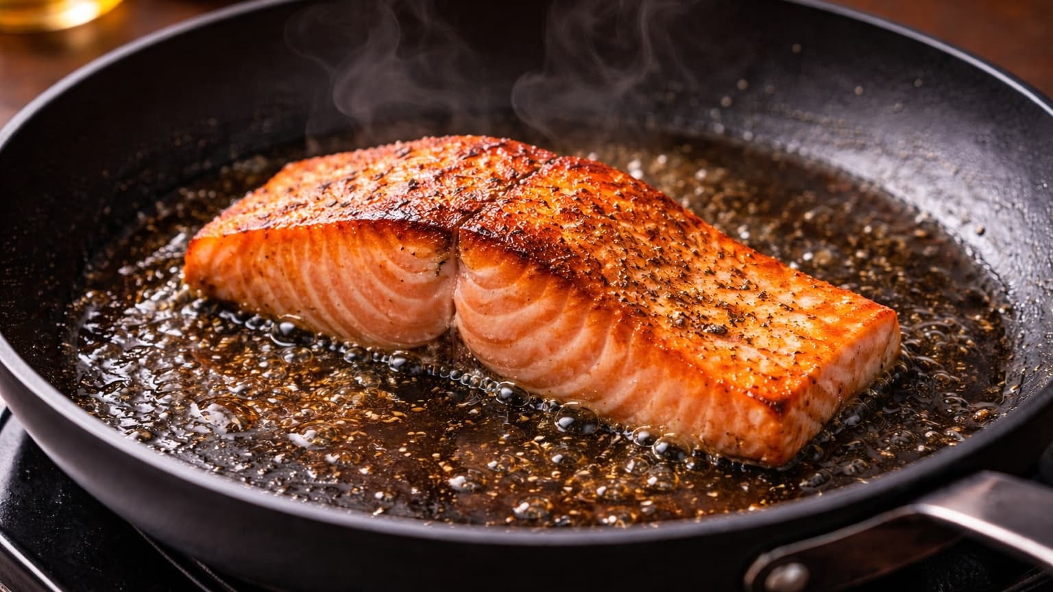 A black skillet on a stovetop with a salmon fillet searing. The salmon has a crispy golden crust on the outside and soft pink interior. Oil bubbles lightly around the fish while steam rises gently. Warm kitchen lighting highlights the texture of the seared salmon.