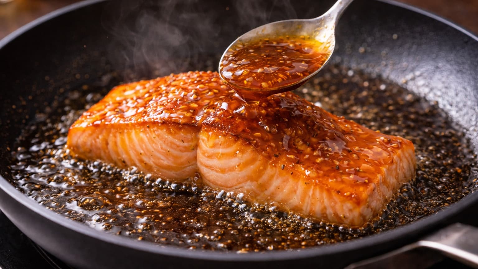 Close-up of a salmon fillet in a skillet being coated with glossy golden yuzu glaze. The sauce bubbles lightly and creates a shiny coating over the fish. Steam rises from the pan while the glaze reflects warm kitchen lighting.