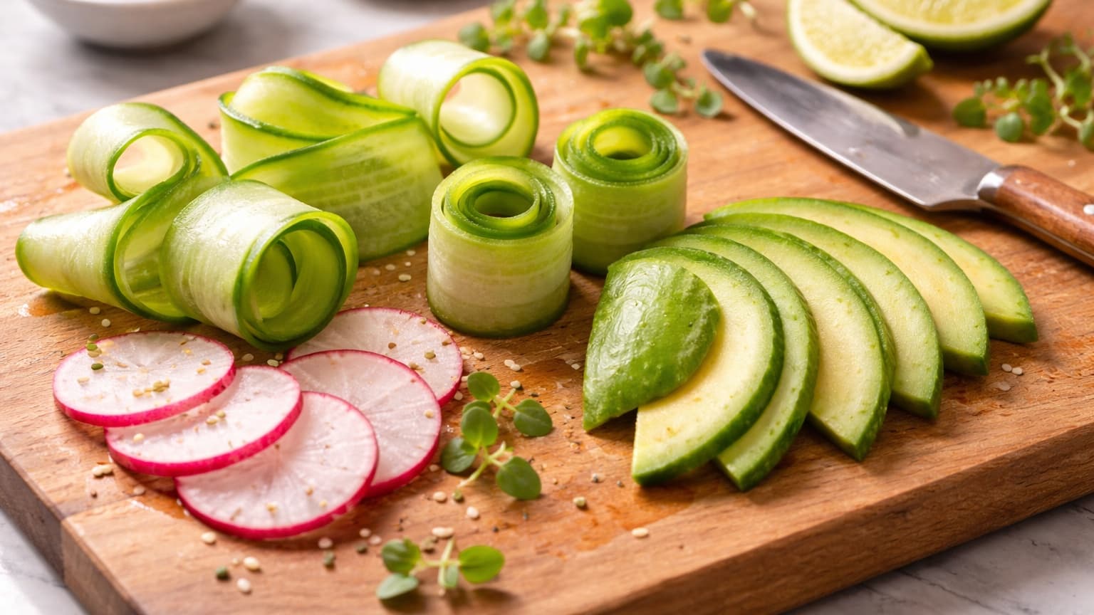 A wooden cutting board with fresh vegetables being prepared. Long pale green cucumber ribbons curl into elegant spirals while avocado slices are arranged like flower petals. A small knife and fresh radish slices sit nearby under bright natural kitchen lighting.