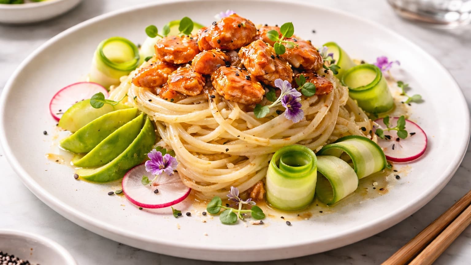 An elegant plated dish of glossy rice noodles arranged in a soft nest on a white ceramic plate. Flaked glazed salmon sits on top with delicate cucumber ribbons, avocado slices shaped like petals, pink radish slices, black sesame seeds, and tiny edible flowers. The plate sits on a marble table with soft daylight and chopsticks nearby, creating a sophisticated restaurant-style presentation.